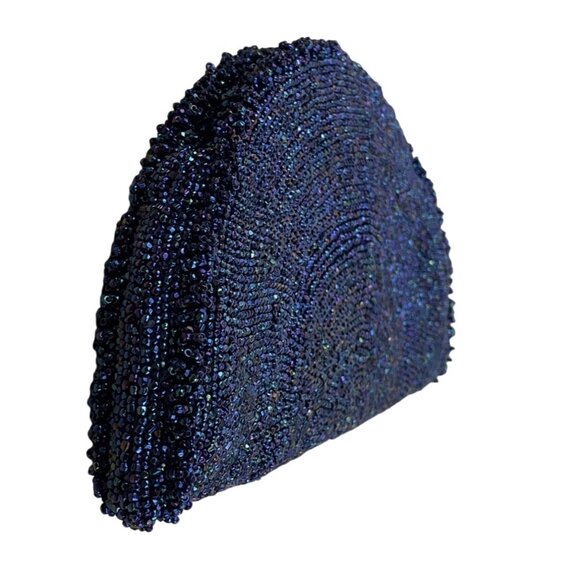 Handcrafted Beaded Navy Blue Half-Moon Clutch Purse With Zipper Closure Size M - Picture 4 of 8